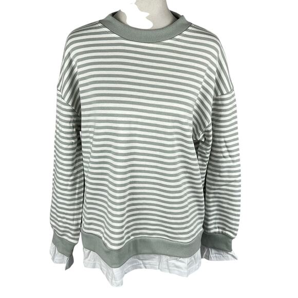 Cali Be Long Sleeve CrewNeck Sweatshirt Grey Stripe Built in Blouse Size L Fall - Picture 1 of 8